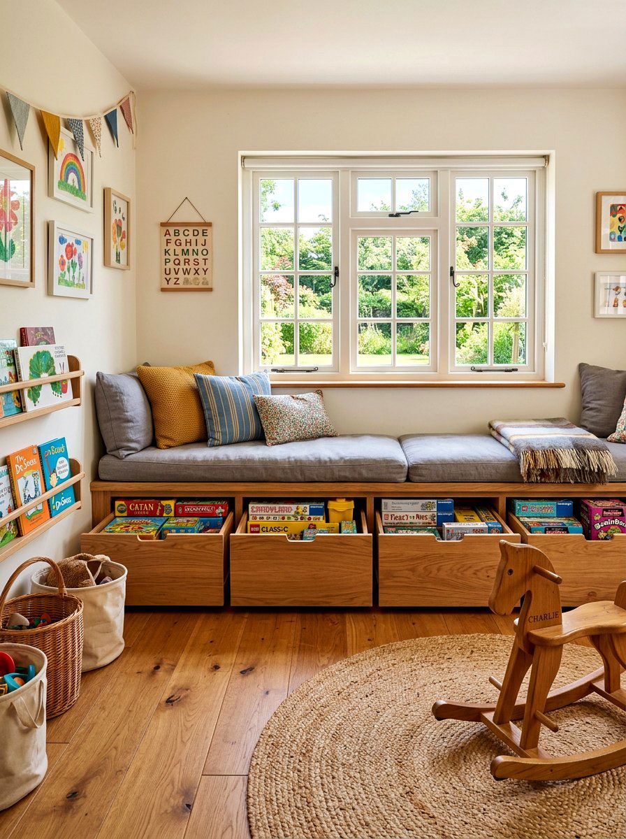 Storage Bench Seating - 30 playroom storage ideas