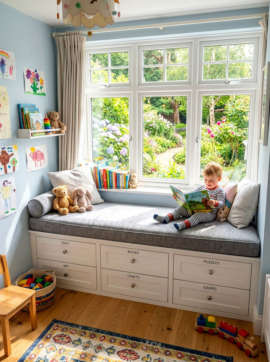Storage Window Seat - 30 toddler bedroom storage ideas