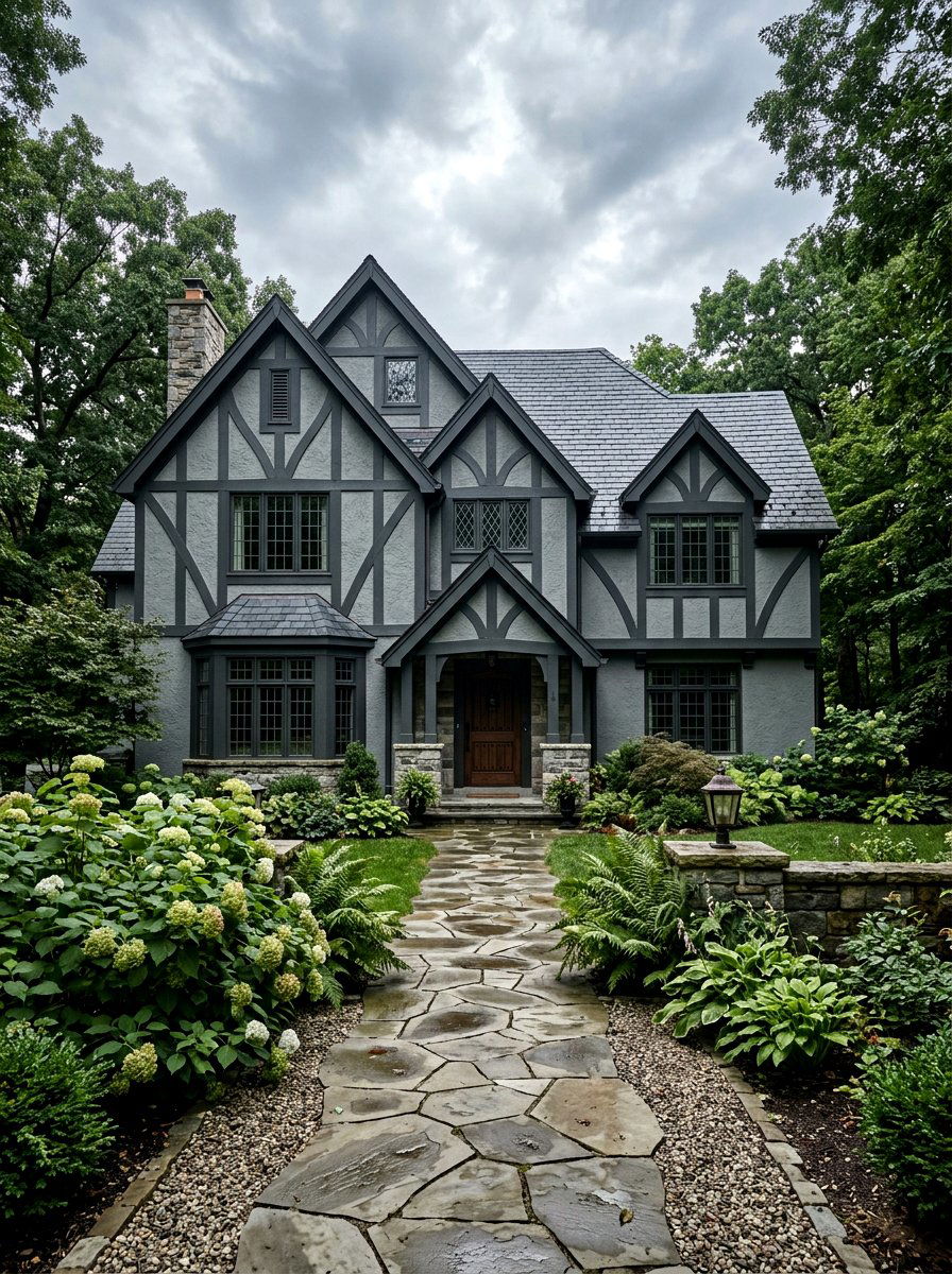 Stormy Gray Tudor With Dark Timbers - 30 gray house exterior ideas