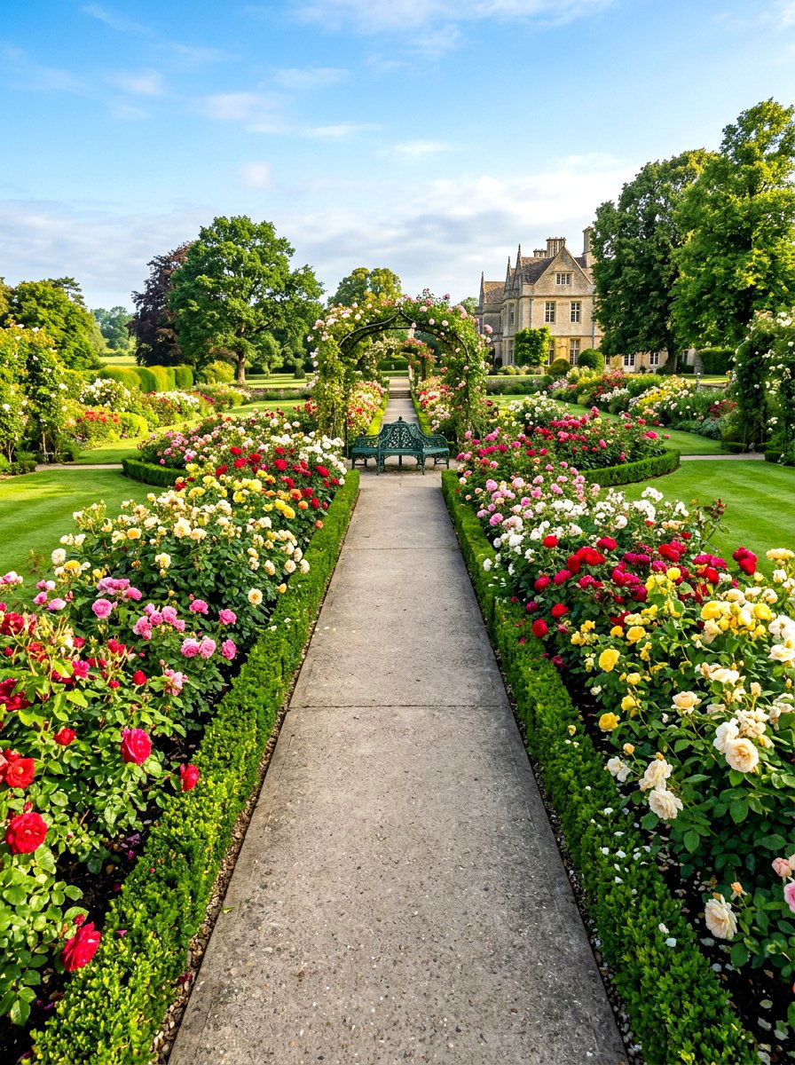 Straight rose border path - 30 rose garden walkway ideas