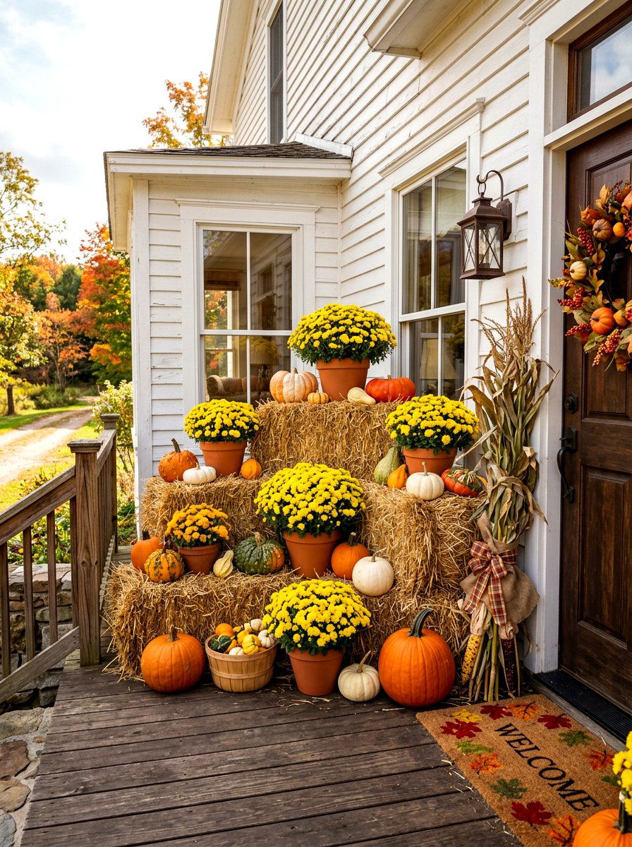 Straw Bale Porch Display - 30 fall porch planter ideas