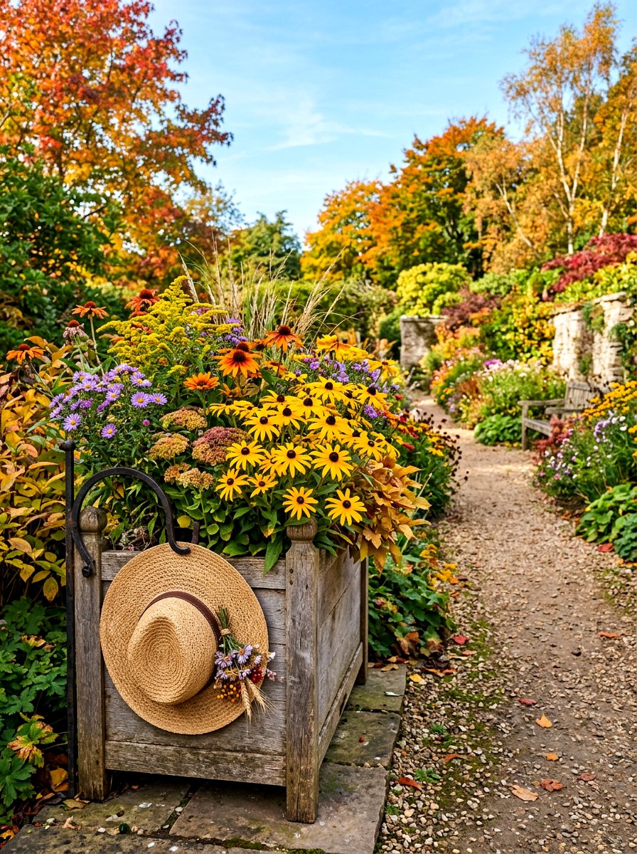 Straw hat and wildflower autumn display - 30 autumn planter ideas