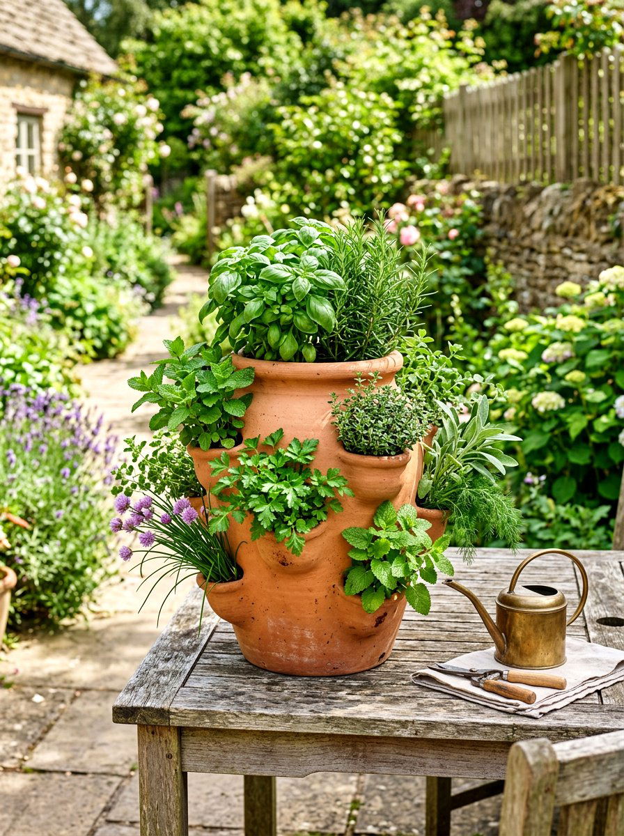 Strawberry Jar Herb Garden - 30 herb container garden ideas