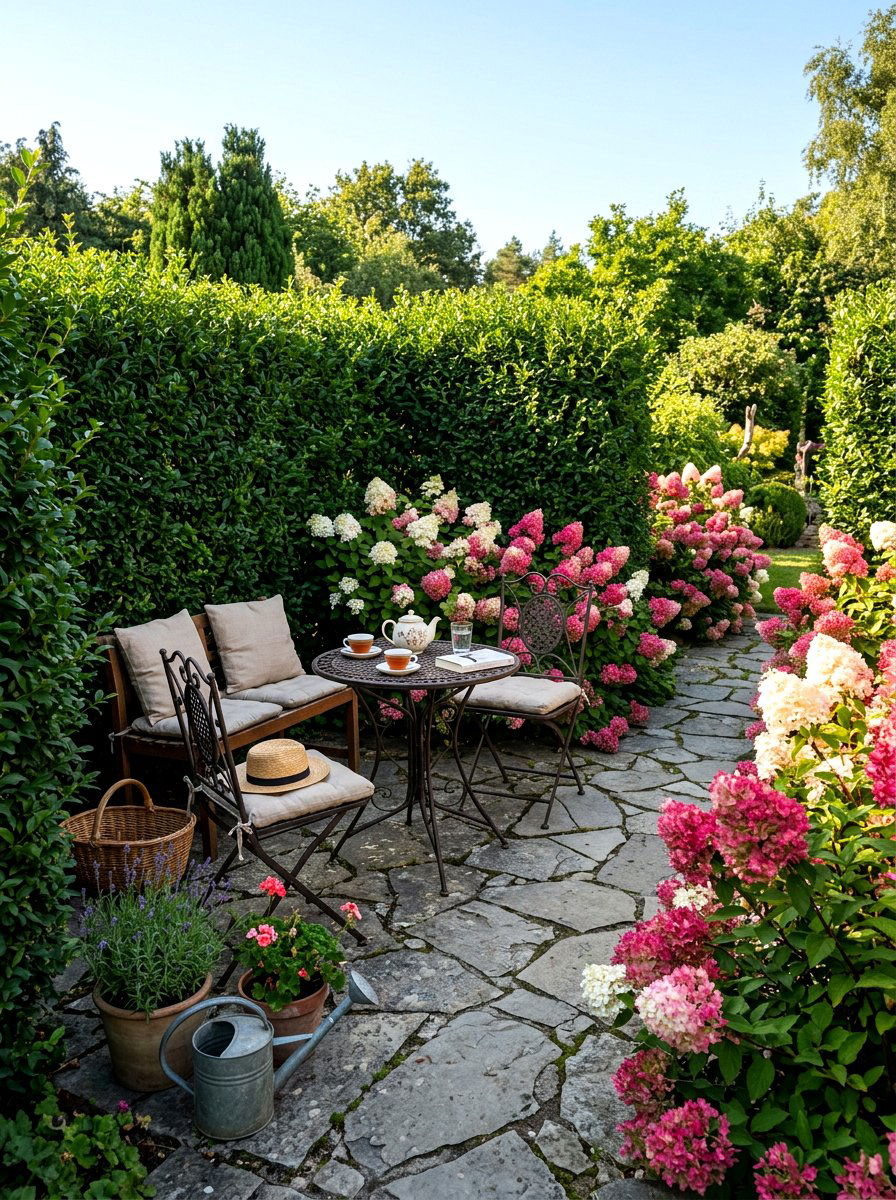 Strawberry Sundae hydrangea and privet hedge - 30 evergreen and hydrangea landscape ideas