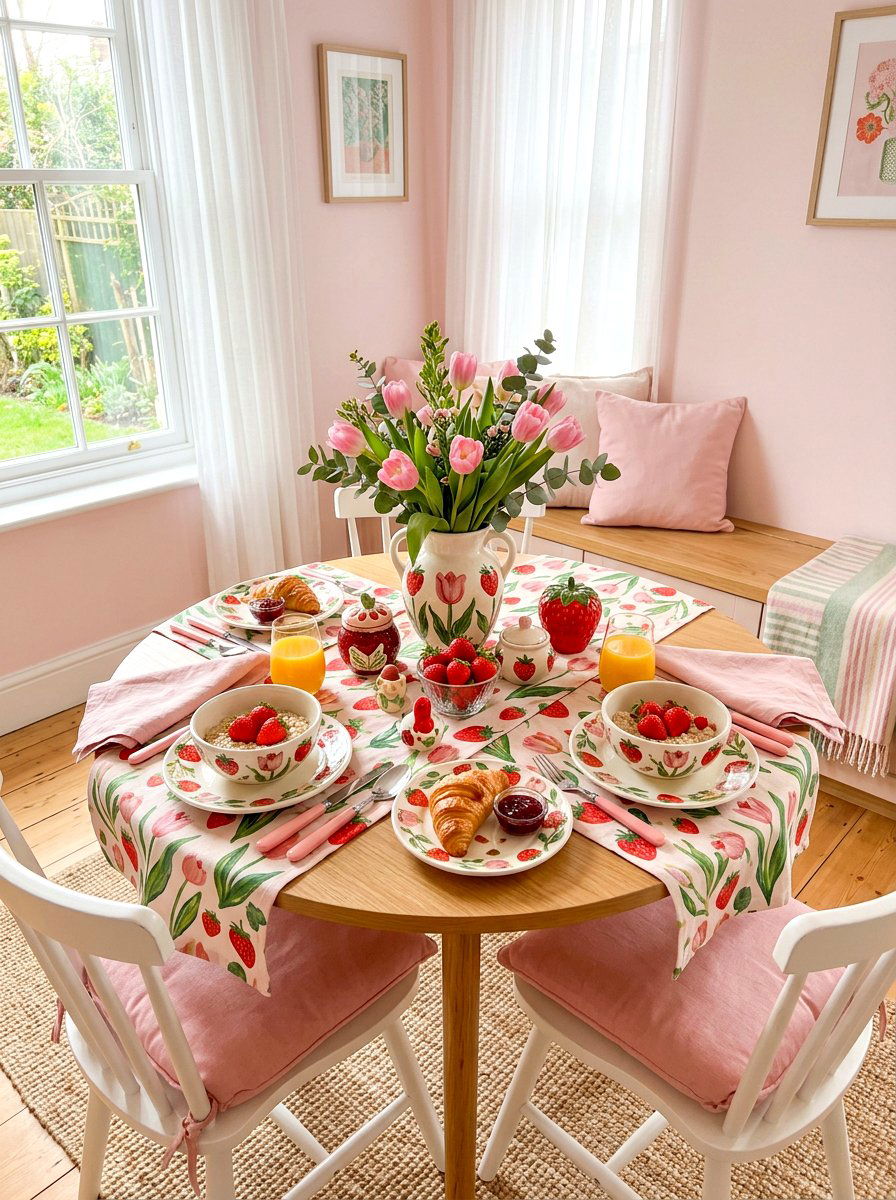 Strawberry and pink tulip decor - 30 fruit and floral tablescape ideas