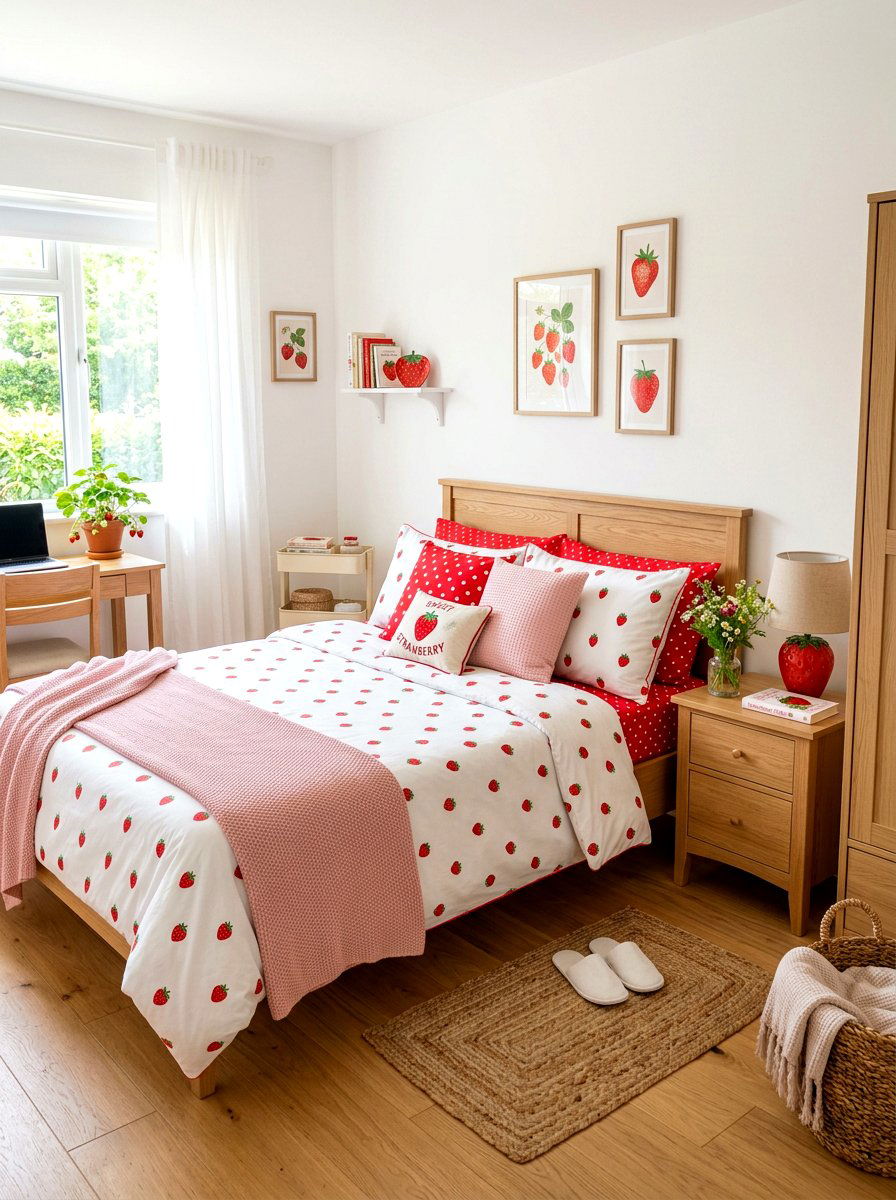 Strawberry print bedroom - 30 soft girl room ideas
