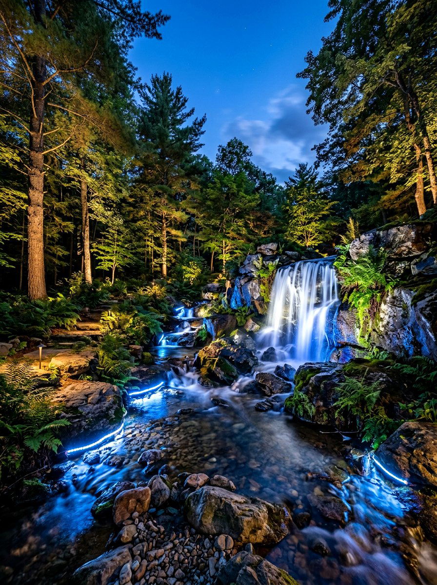 Stream landscape lighting - 30 backyard stream ideas