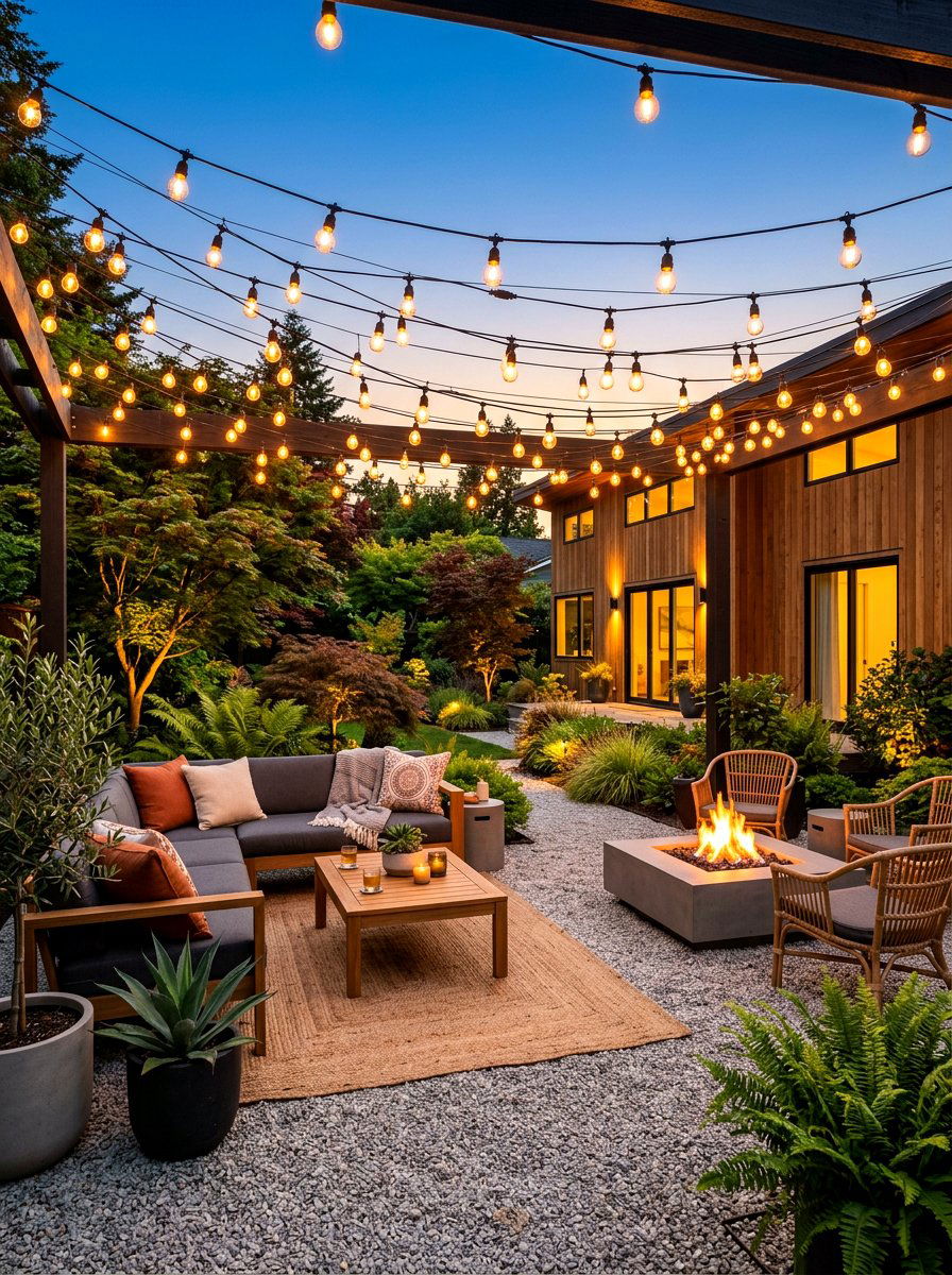 String Light Ambiance - 30 pea gravel patio ideas