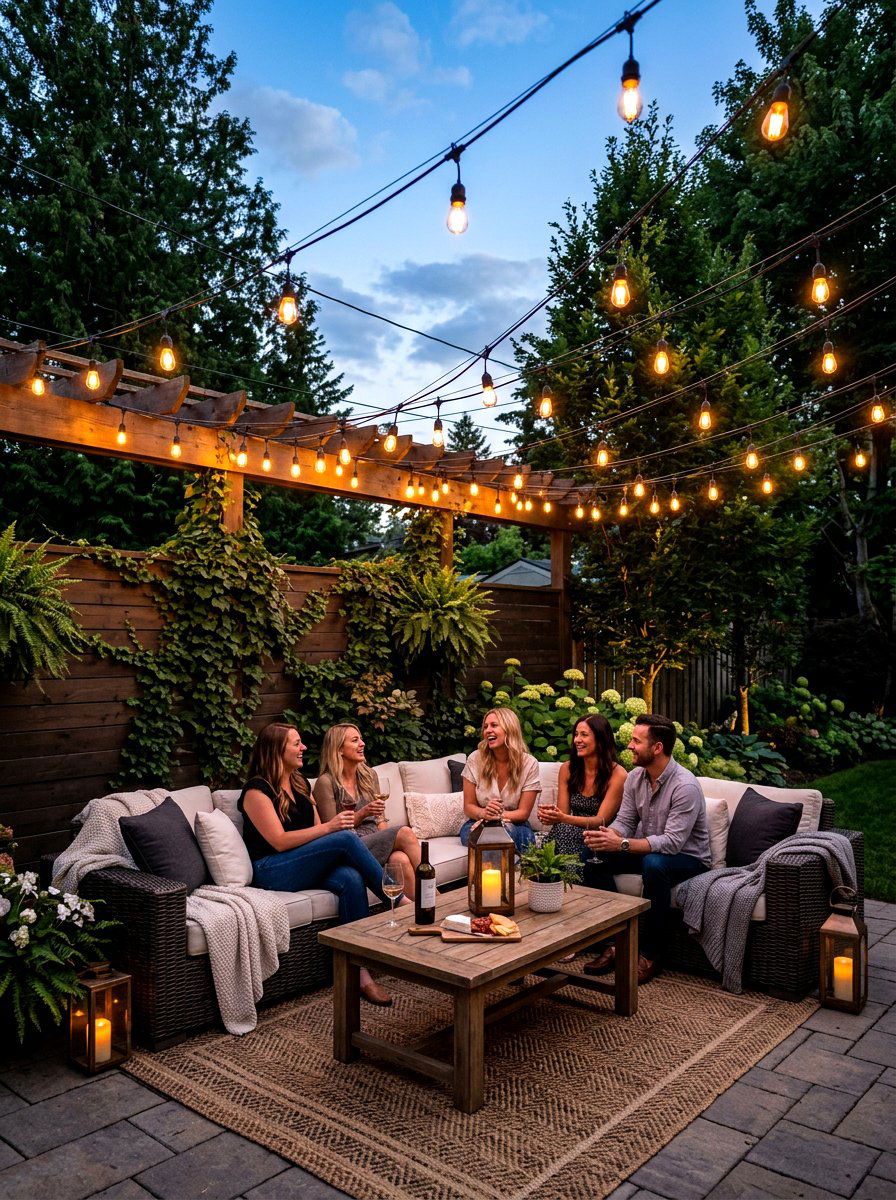 String Light Ambience - 30 modern backyard lounge ideas