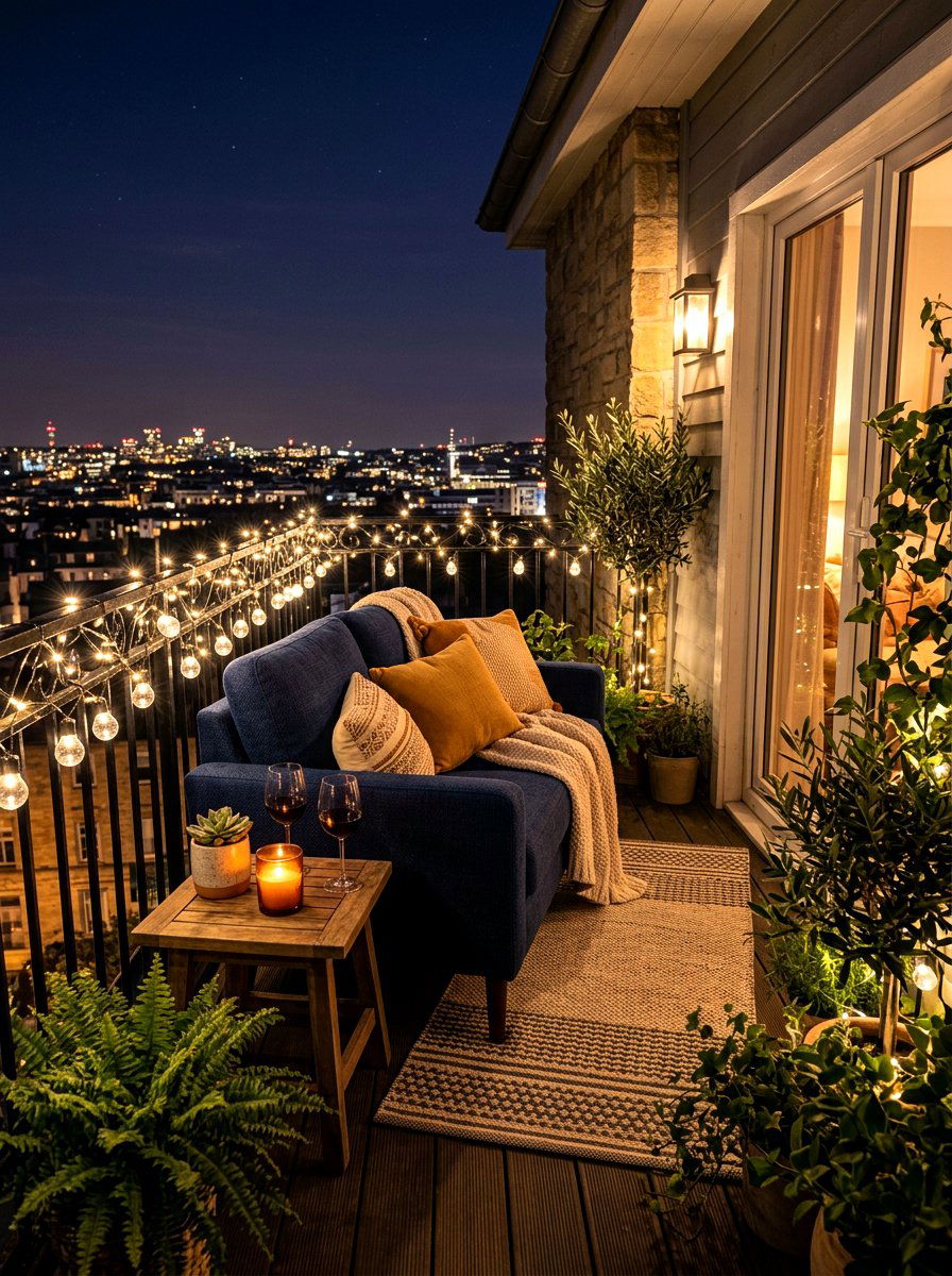 String Light Balcony Atmosphere - 30 balcony seating nook ideas