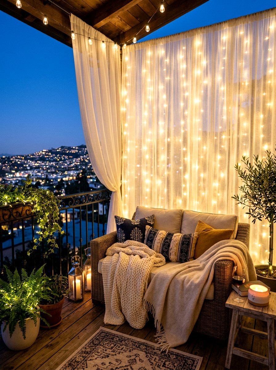 String Light Balcony Curtain Combo - 30 balcony privacy curtain ideas