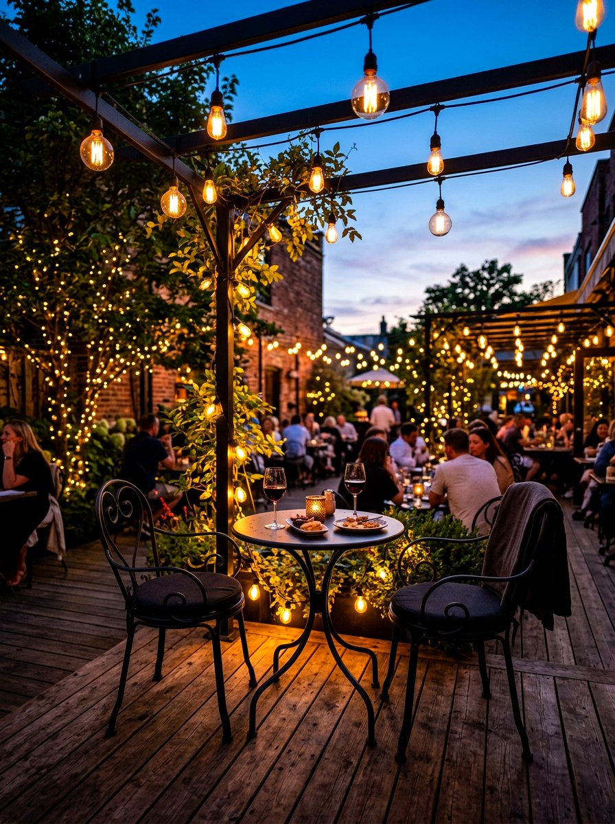 String Light Cafe Ambiance - 30 patio cafe corner ideas