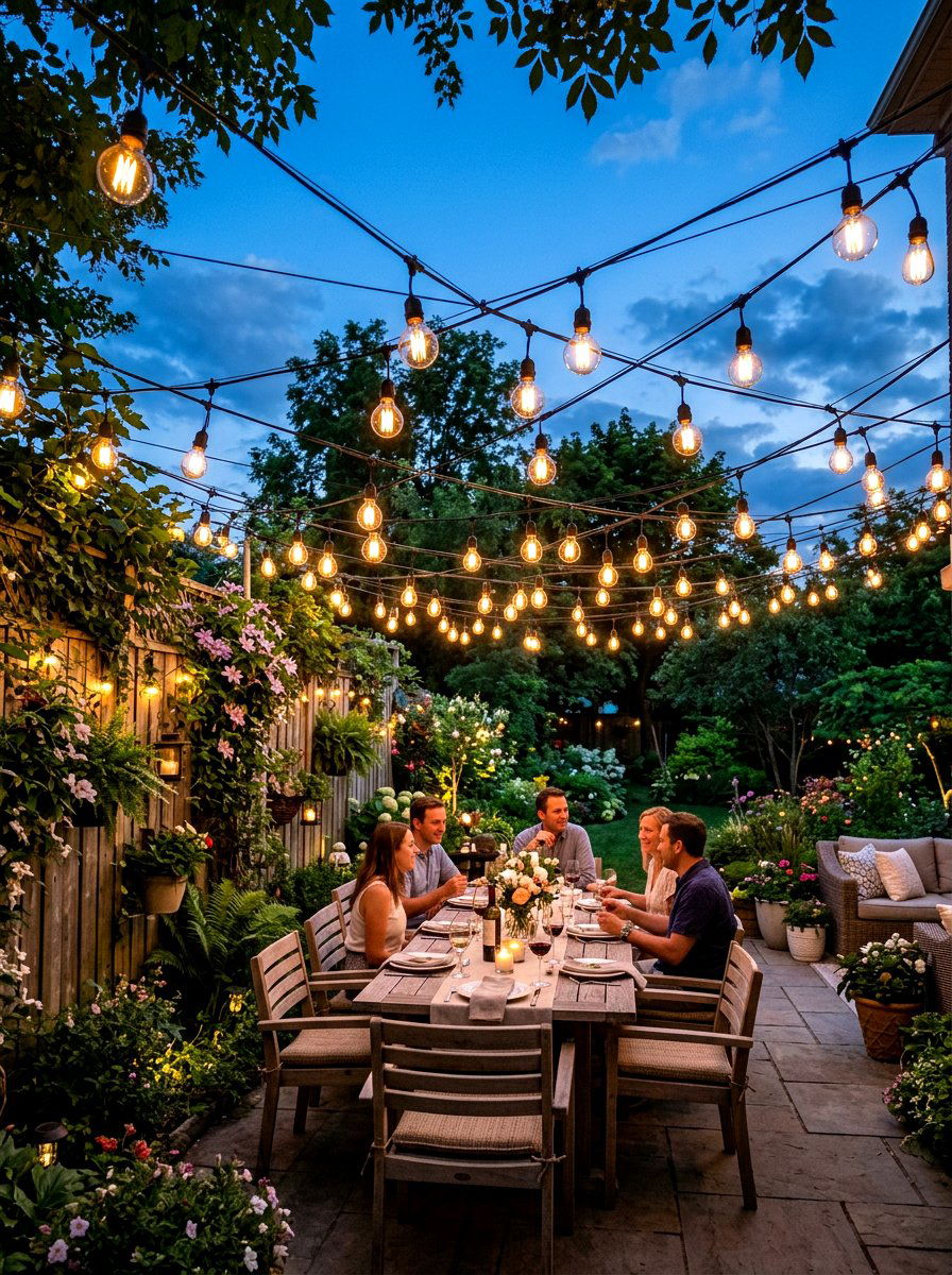 String Light Canopy - 30 bohemian patio decor ideas