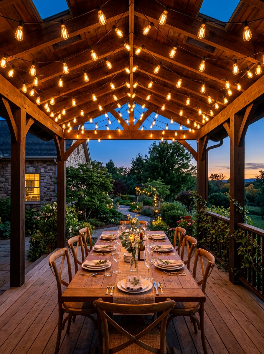 String Light Canopy - 30 farmhouse porch decor ideas