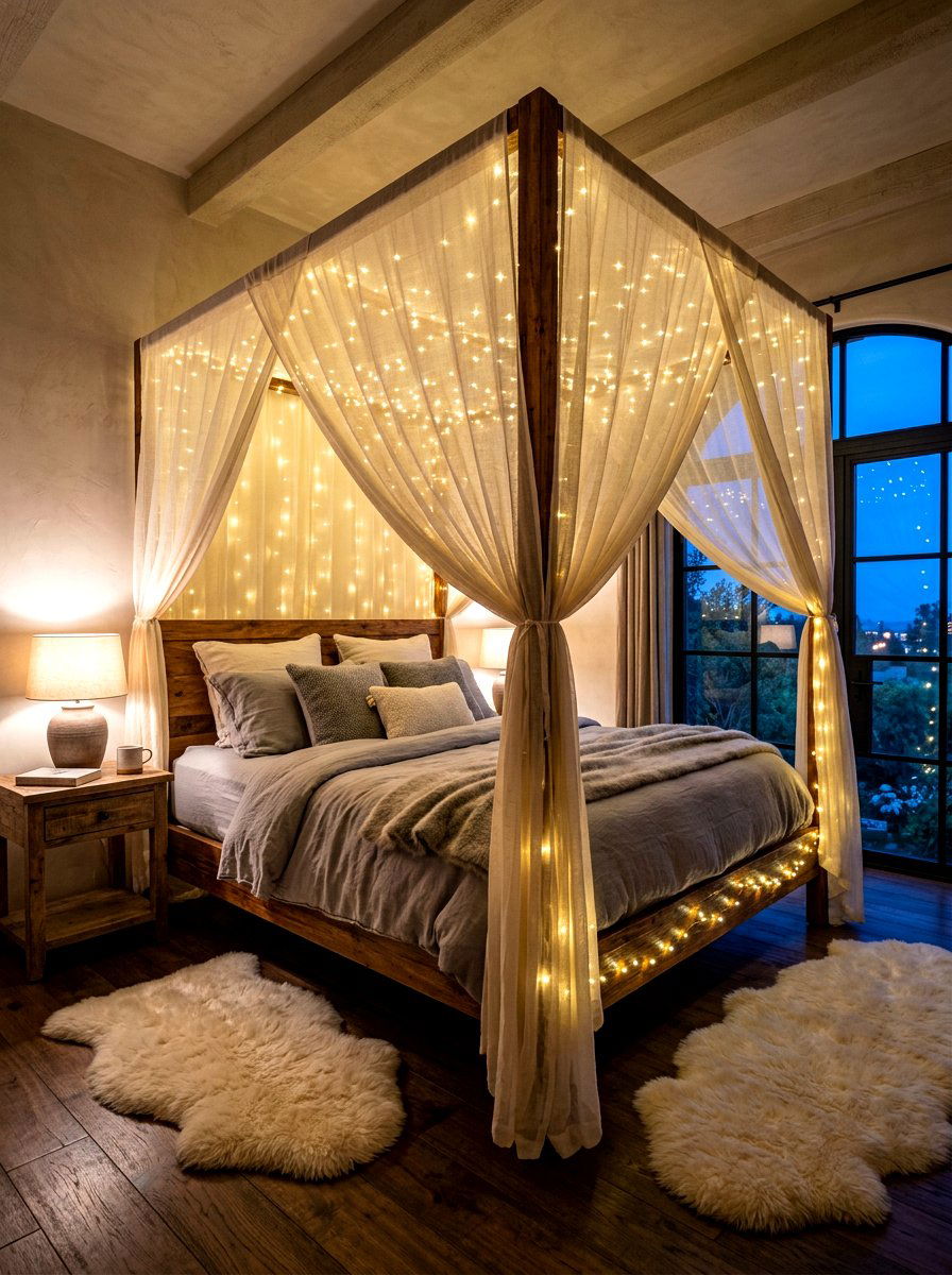 String Light Canopy Bed - 30 romantic canopy bedroom ideas