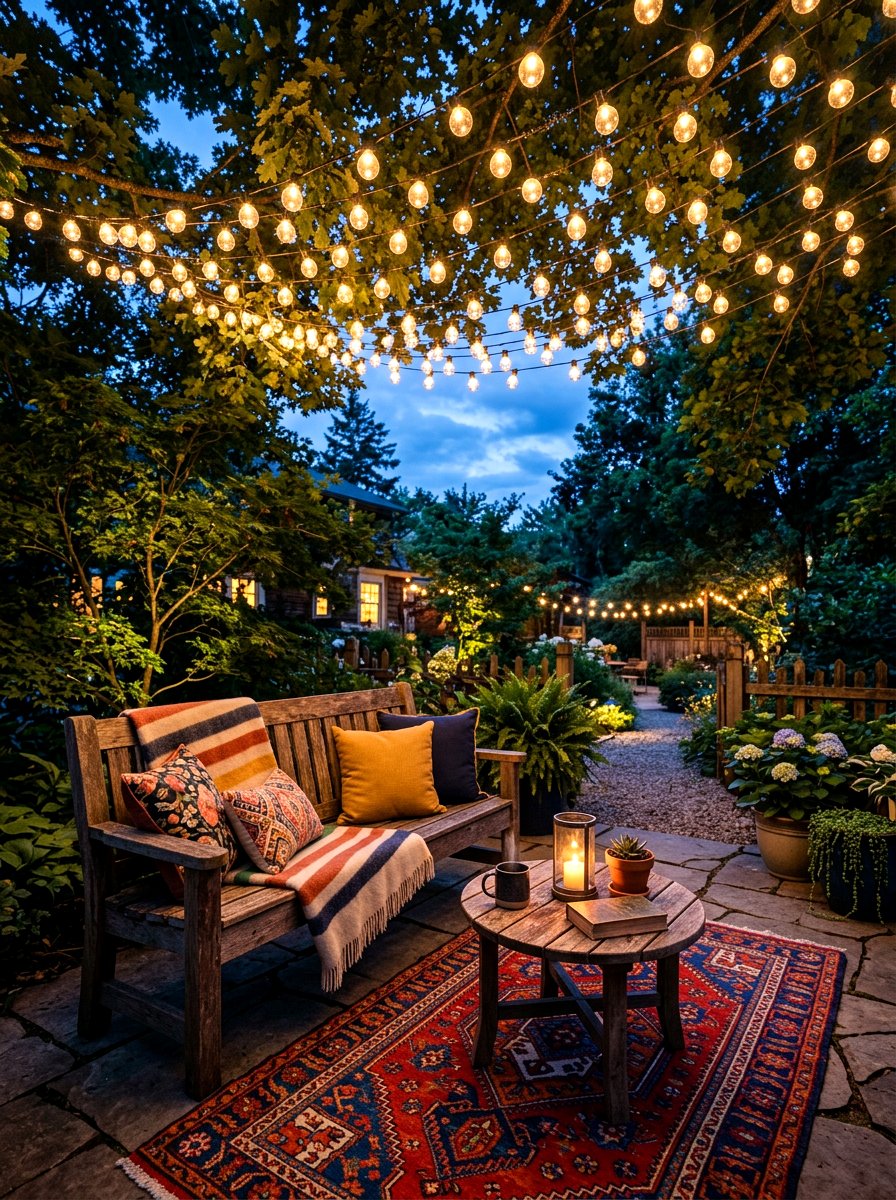 String Light Canopy Seating - 30 budget outdoor furniture ideas
