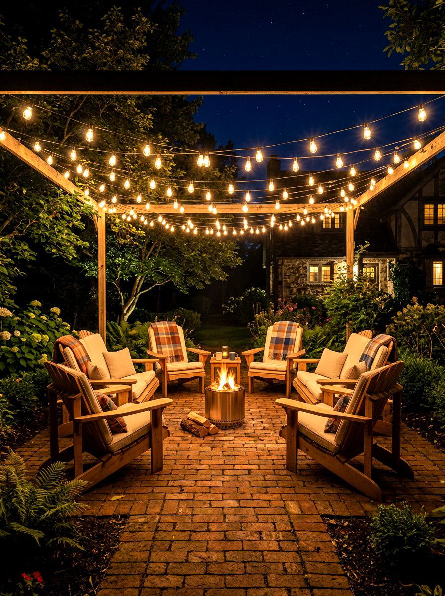 String Light Canopy Seating - 30 backyard lounge zone ideas