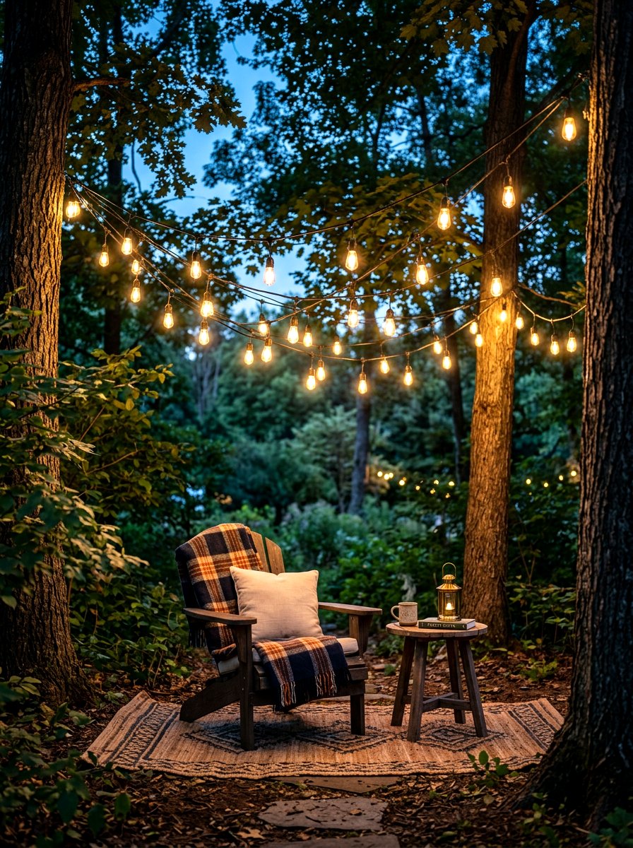 String Light Corner - 30 backyard reading nook ideas