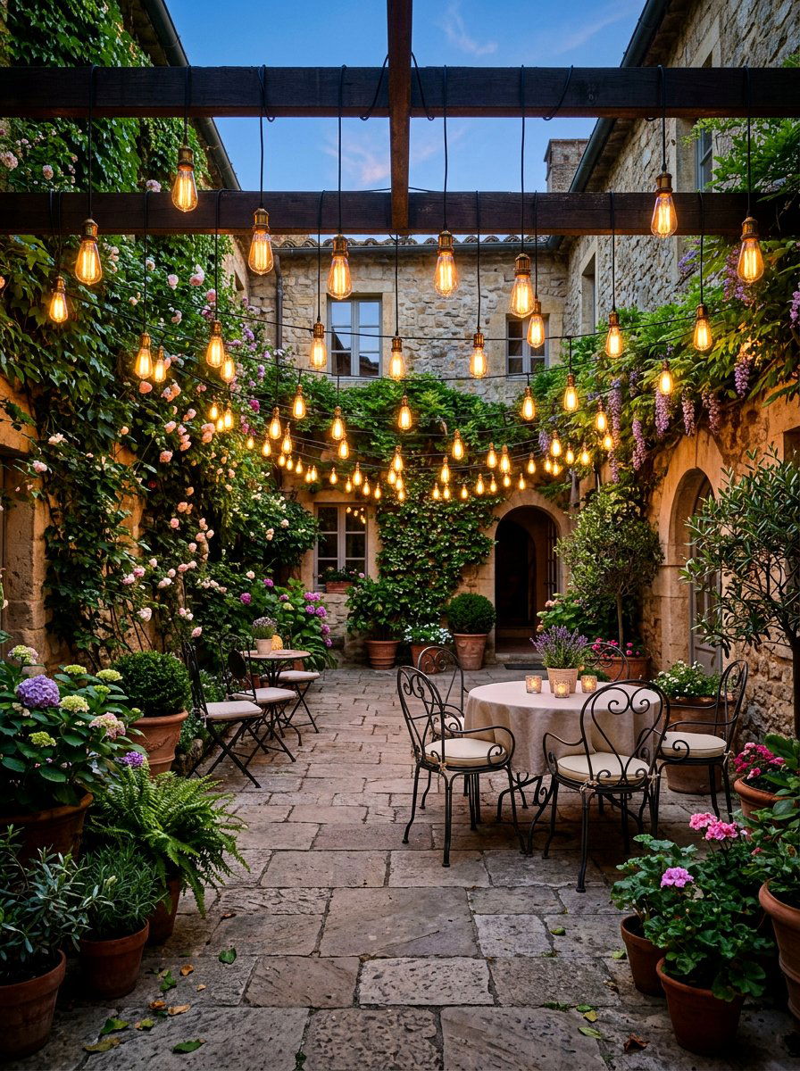 String Light Courtyard - 30 Tuscan patio ideas