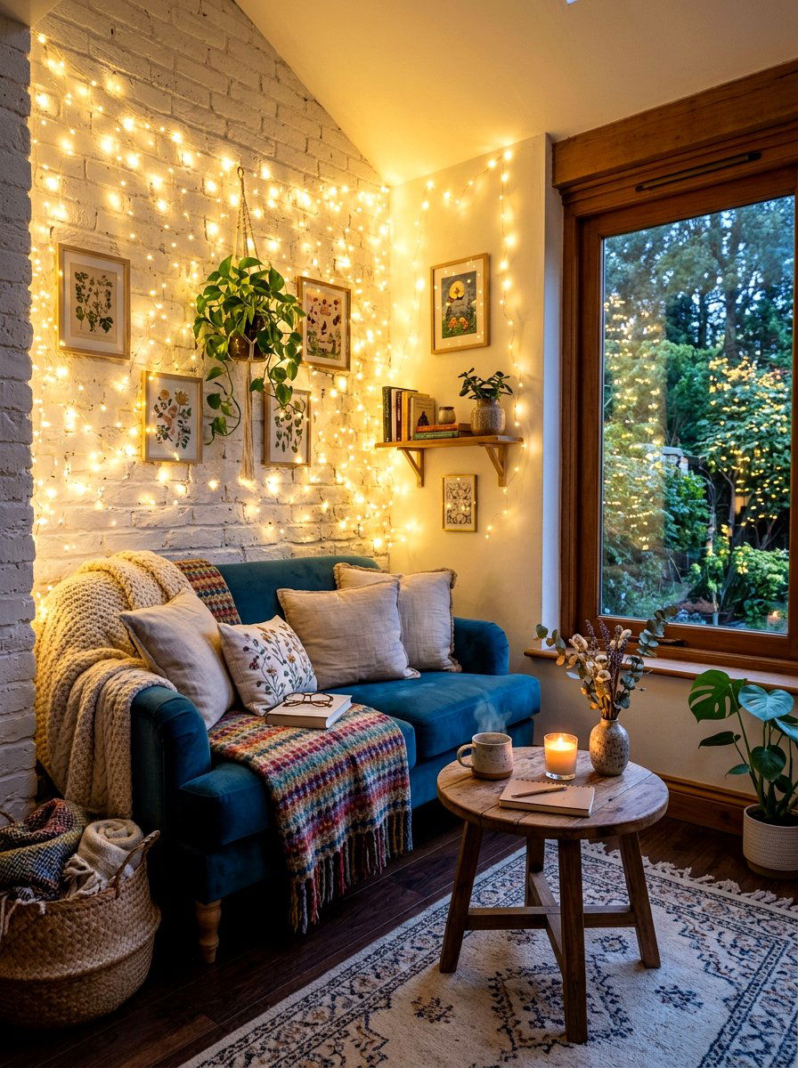 String Light Cozy Nook - 30 quiet corner decor ideas