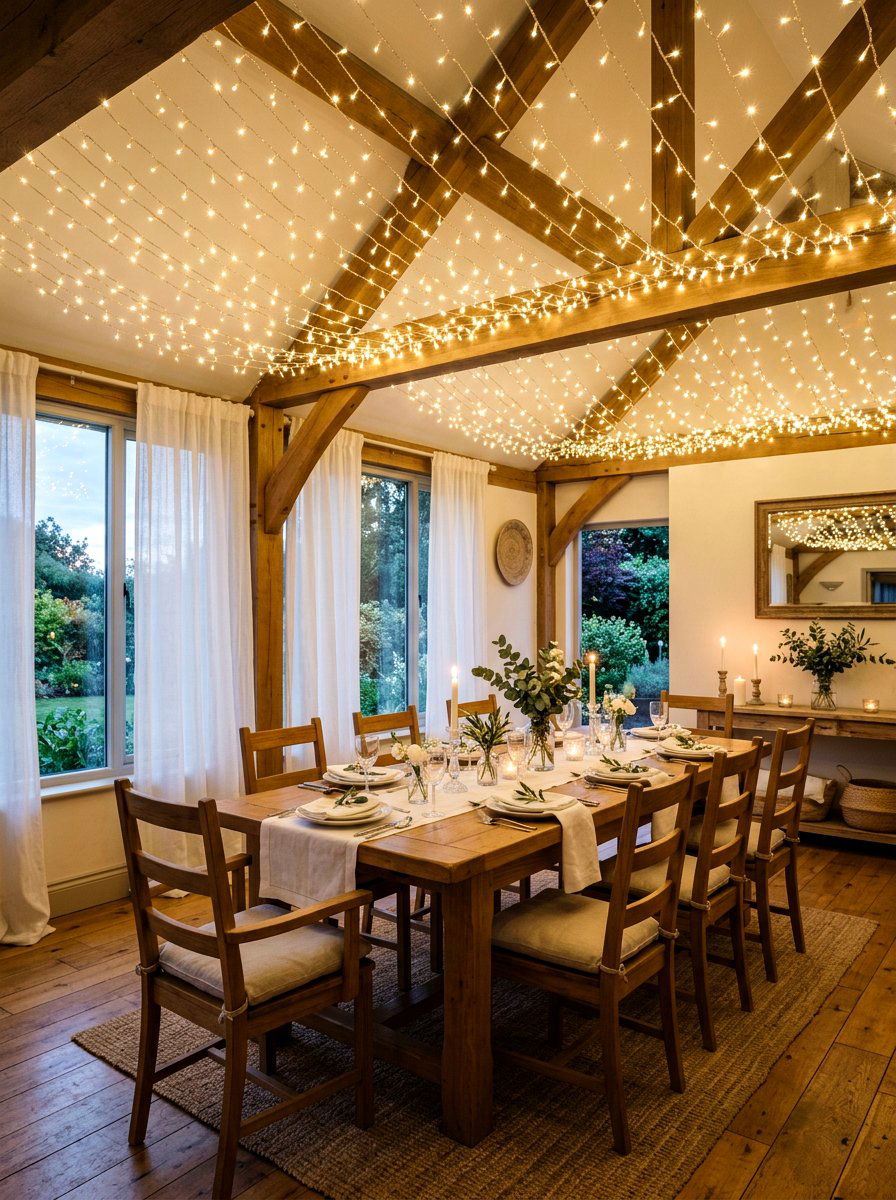 String Light Dining Room - 30 romantic dinner room ideas