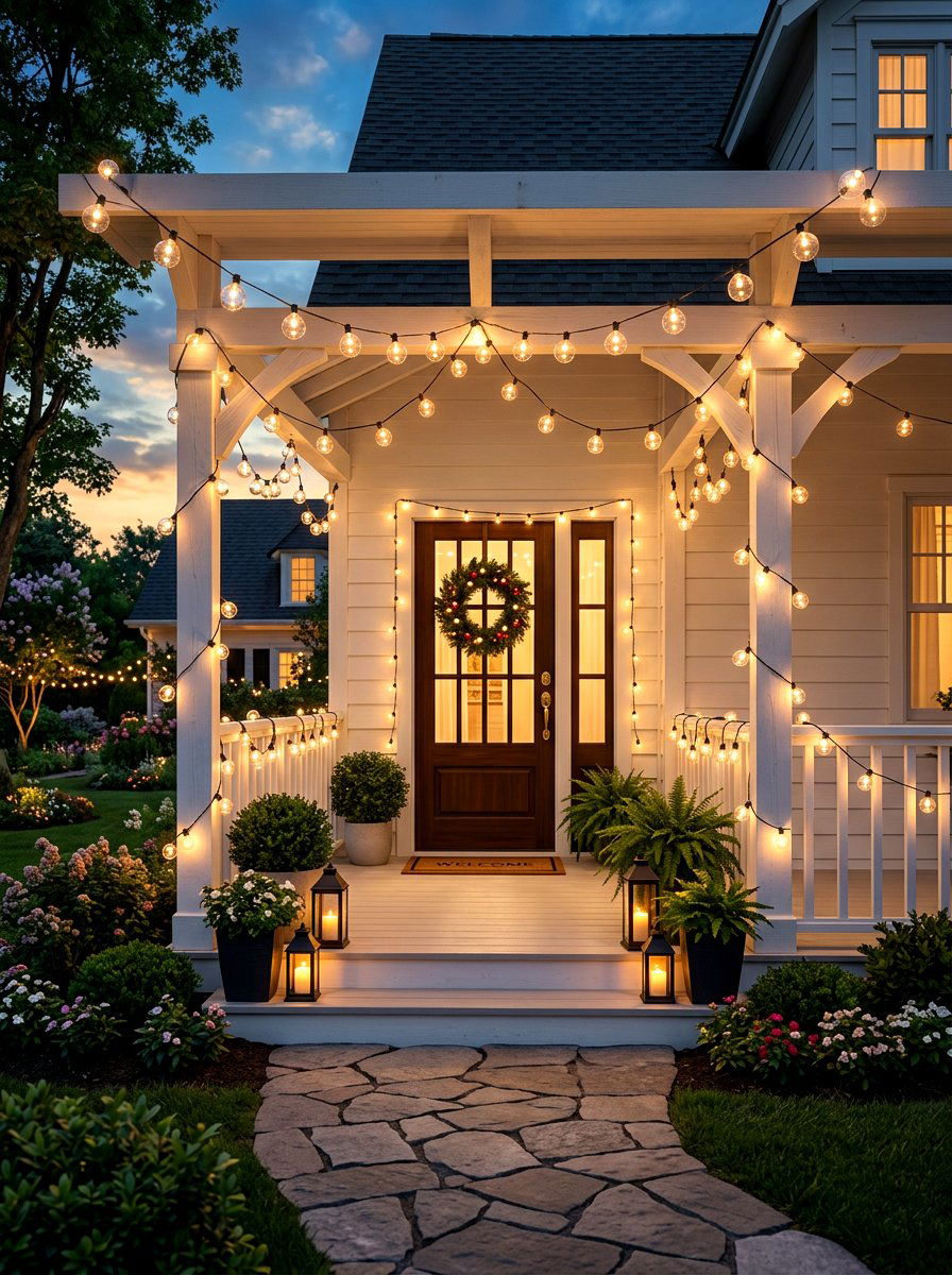 String Light Entryway - 30 front steps decor ideas