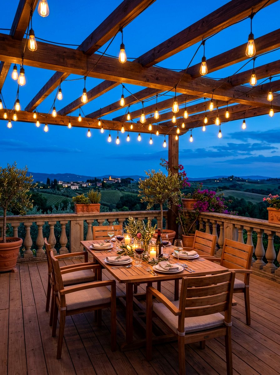 String Light Evening Terrace - 30 Nancy Meyers outdoor dining ideas