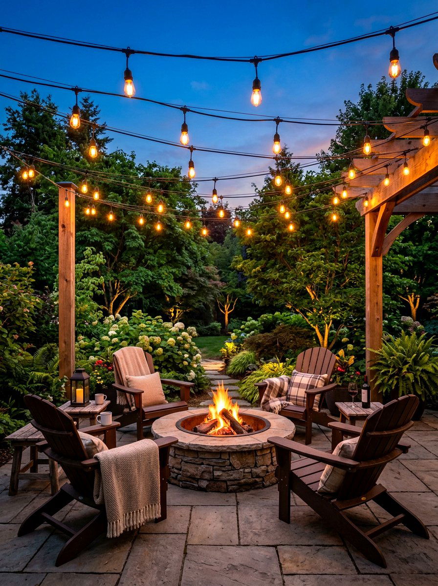 String Light Fire Pit Seating - 30 adirondack fire pit circle ideas