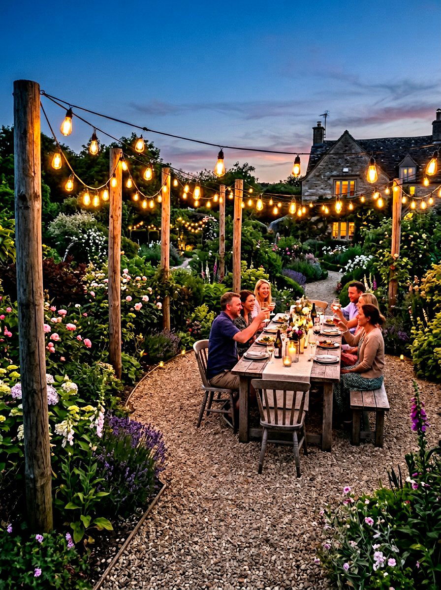 String Light Garden Border - 30 backyard divider ideas