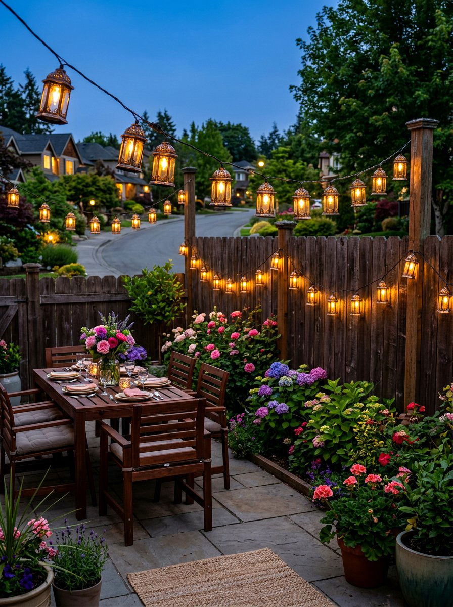 String Light Lanterns - 30 lamp lit patio ideas