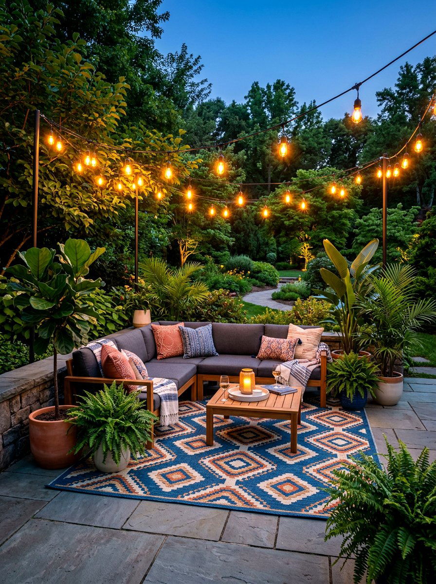 String Light Lounge - 30 small yard landscaping ideas