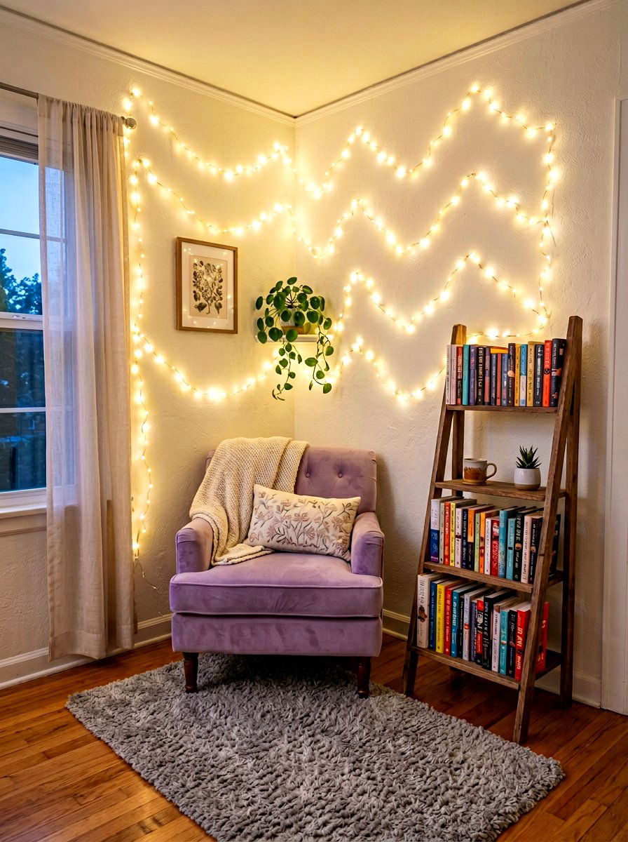 String Light Nook - 30 nursery reading nook ideas