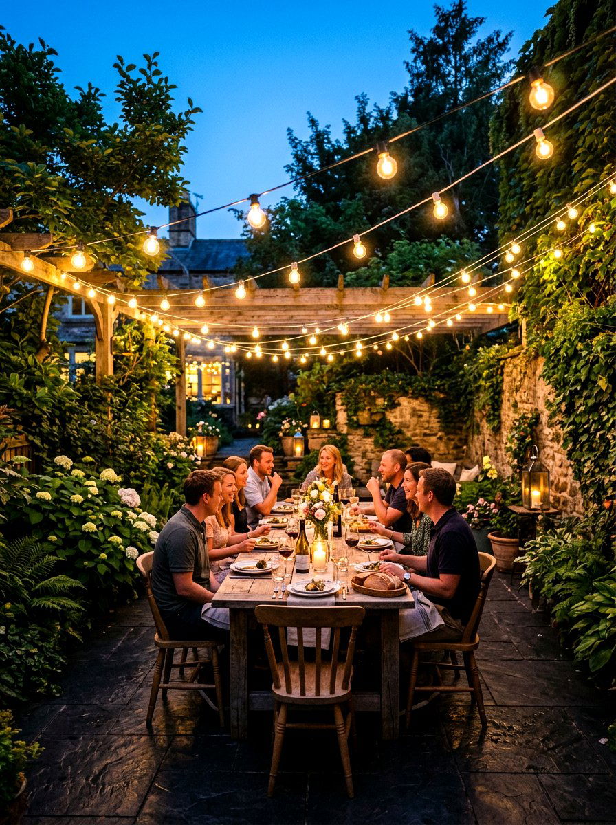 String Light Patio - 30 kitchen courtyard garden ideas