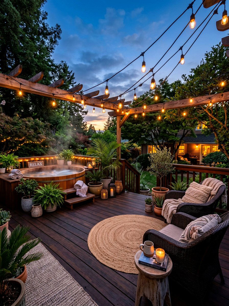 String Light Patio - 30 hot tub patio decor ideas aesthetic