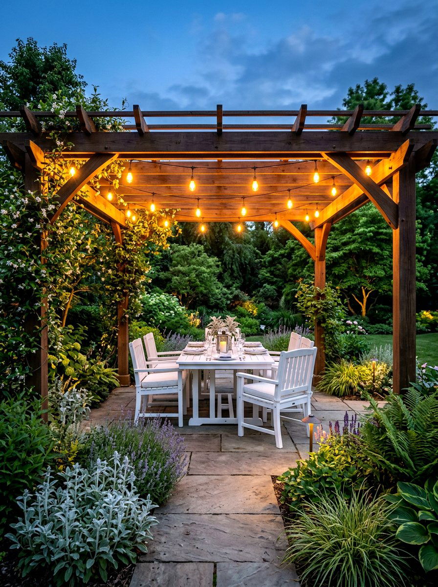 String Light Pergola - 30 moonlight patio garden ideas