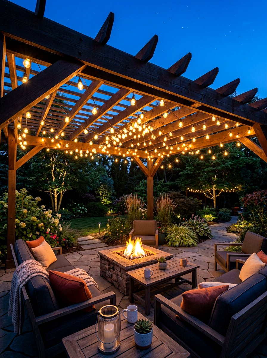 String Light Pergola - 30 fire pit pergola ideas
