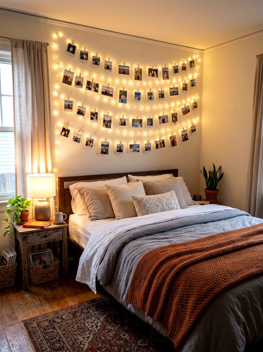 String Light Photo Display - 30 renter friendly wall decor ideas