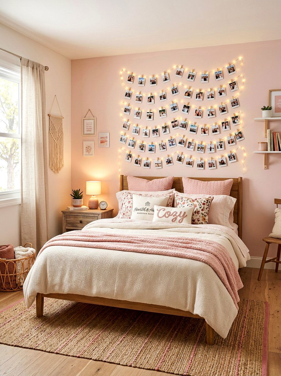 String Light Photo Wall Bedroom - 30 cute bedroom decor ideas
