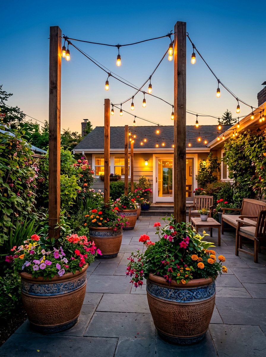 String Light Poles Planters - 30 bistro lights patio ideas