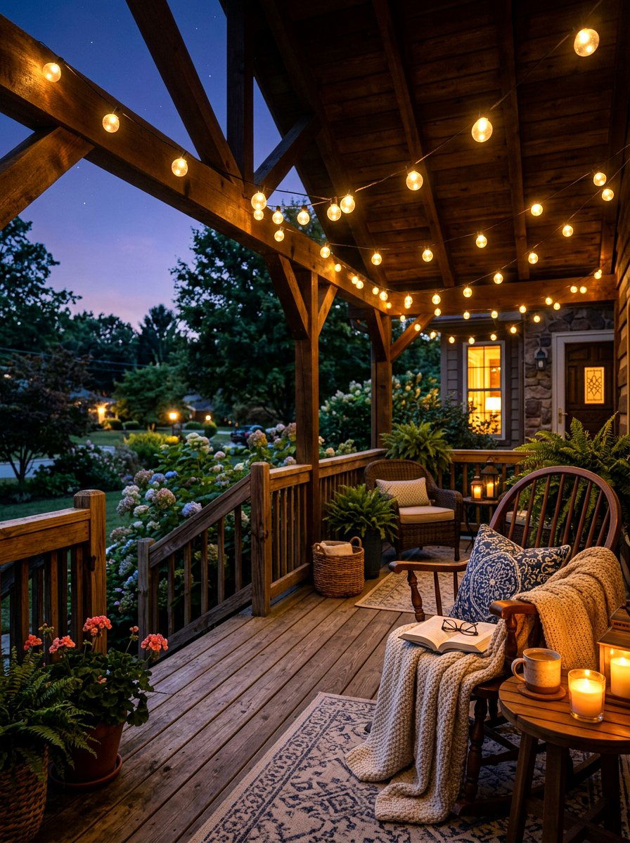 String Light Porch Ambiance - 30 small front porch ideas