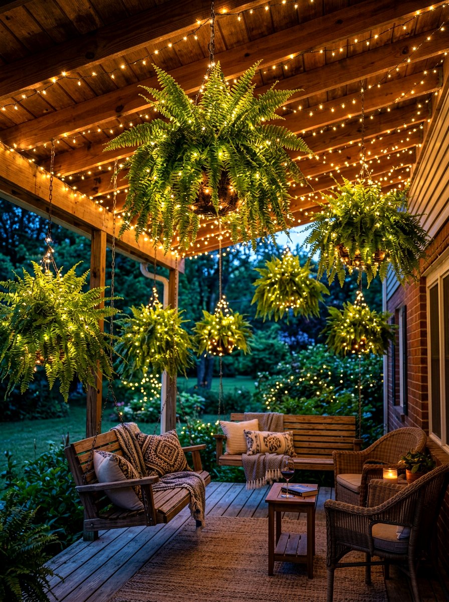 String Light Porch Hanging Fern - 30 hanging fern porch ideas