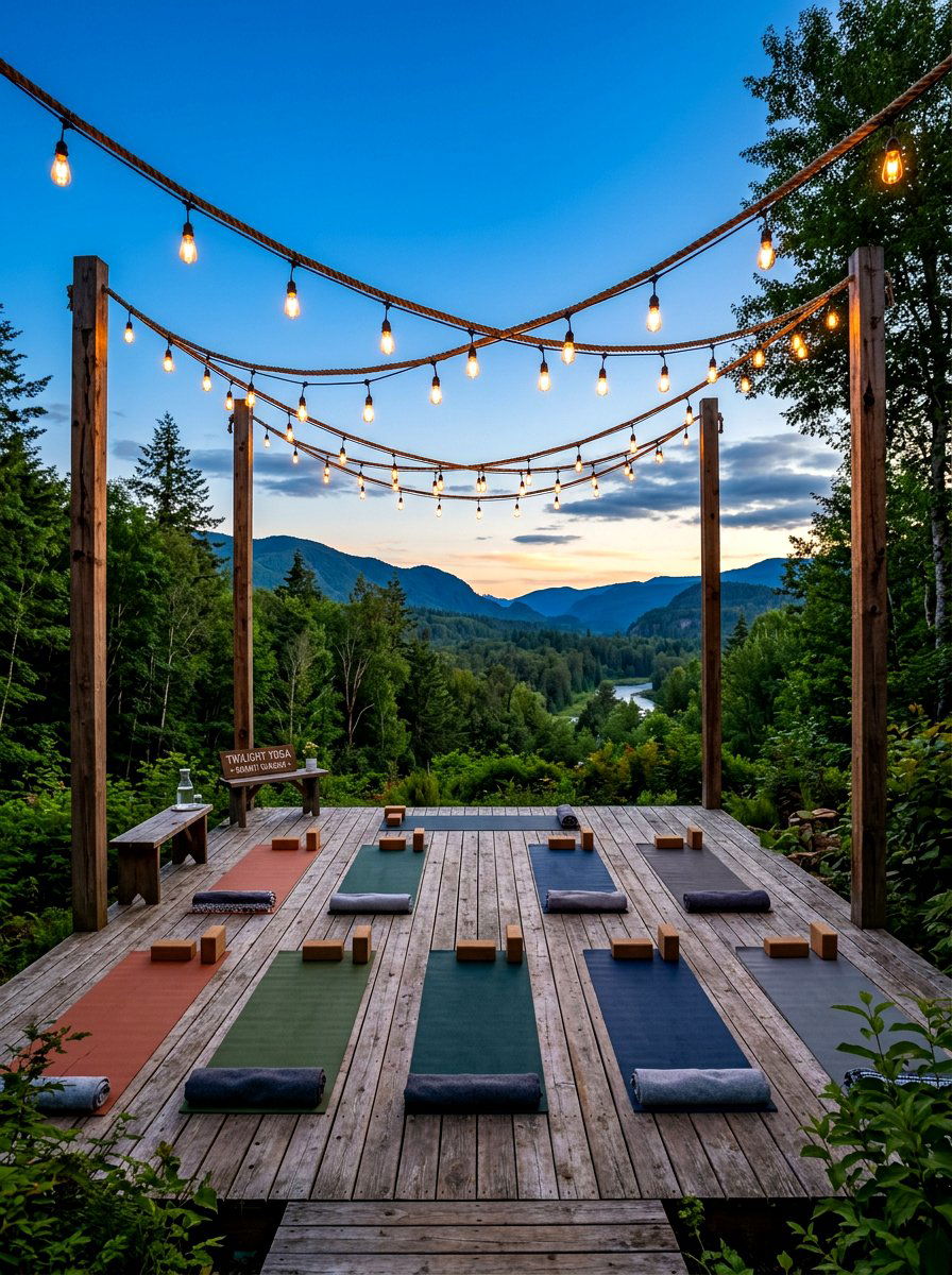 String Light Yoga Spot - 30 backyard yoga deck ideas