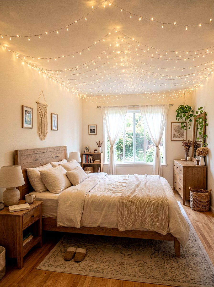 String Lights Across Ceiling - 30 no overhead light apartment ideas