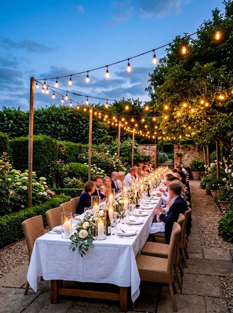 String Lights And Pillar Candles - 30 candlelit garden dinner ideas
