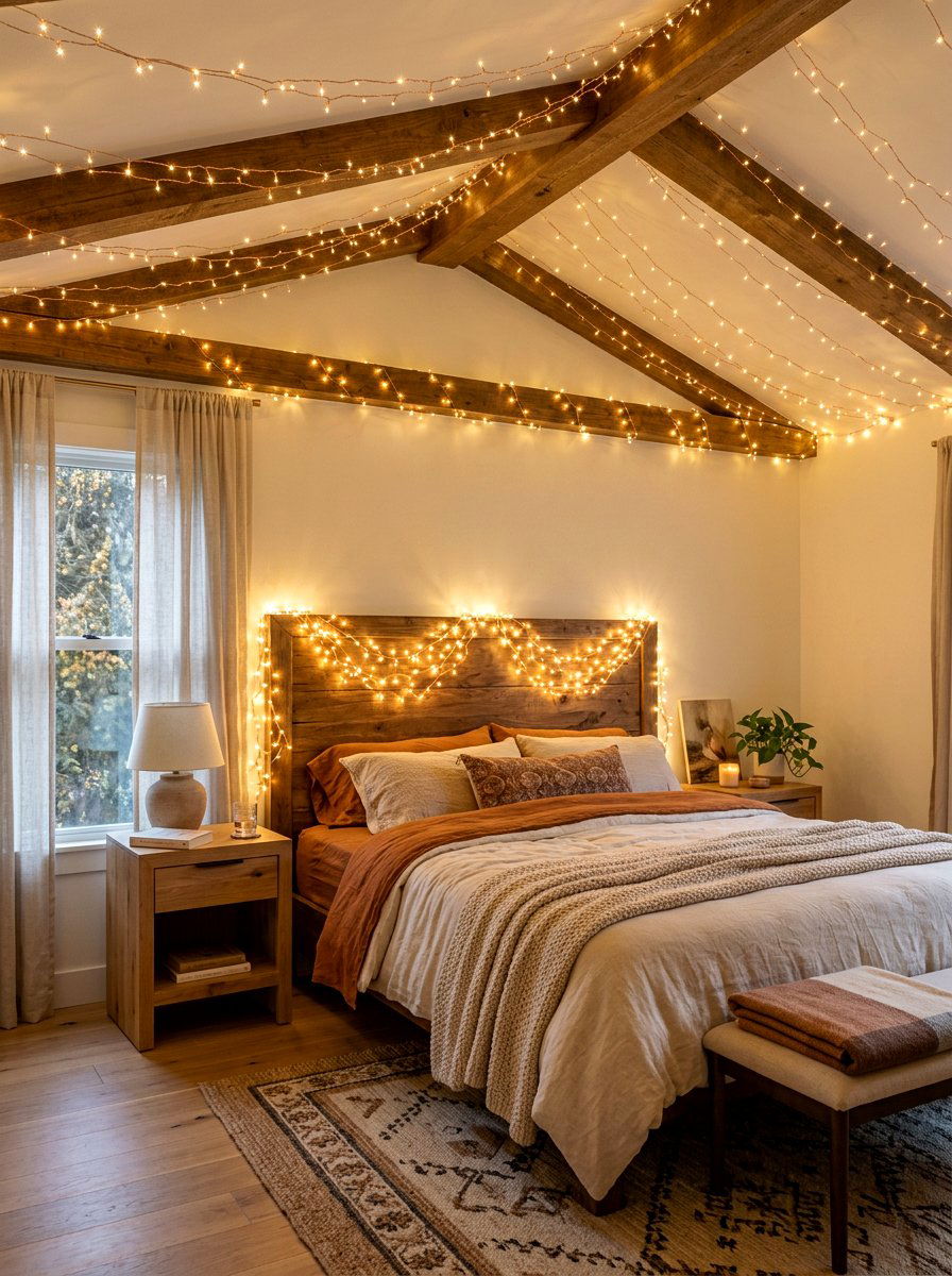String Lights Bedroom - 30 boho bedroom ideas
