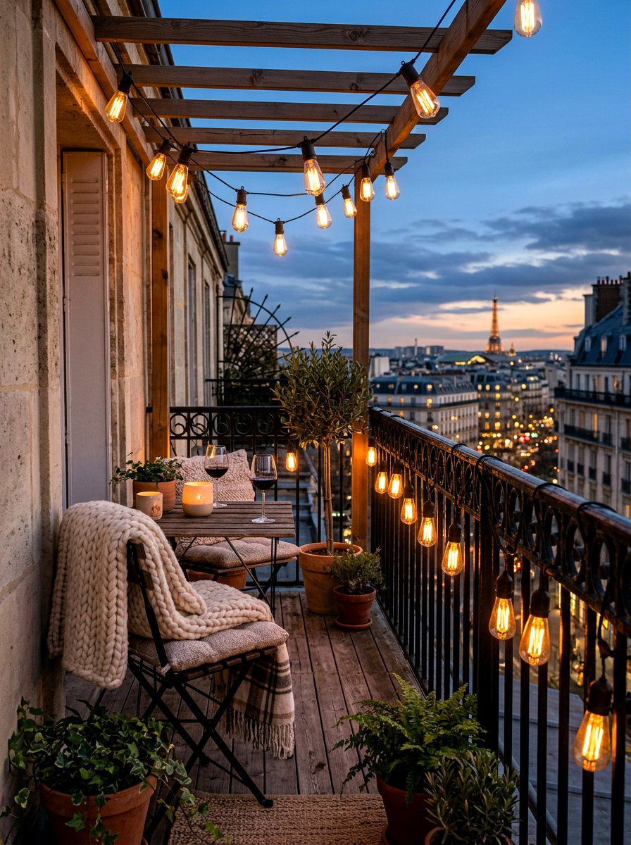 String Lights Decoration - 30 narrow balcony ideas