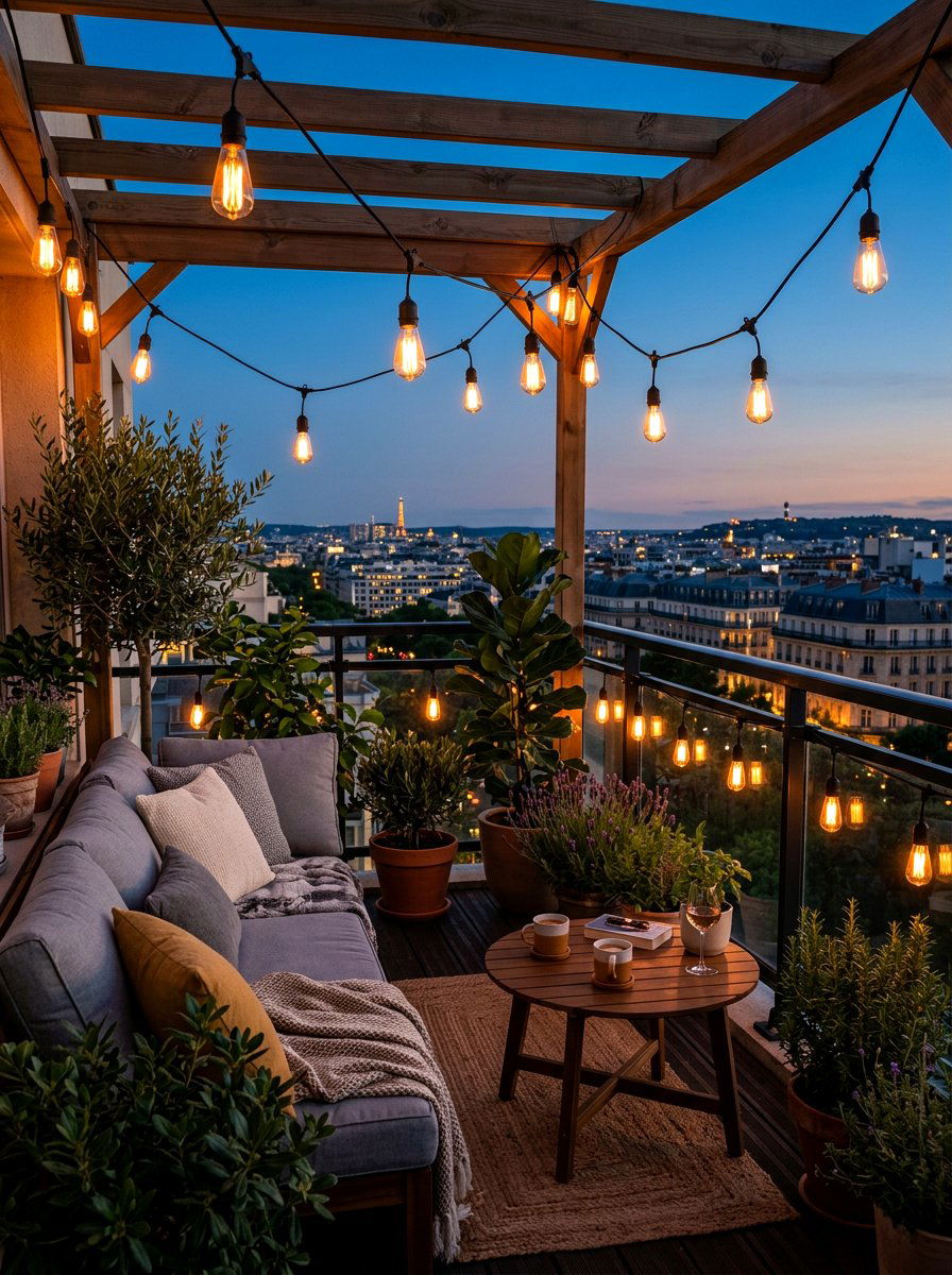 String Lights For Balcony - 30 balcony cafe apartment ideas