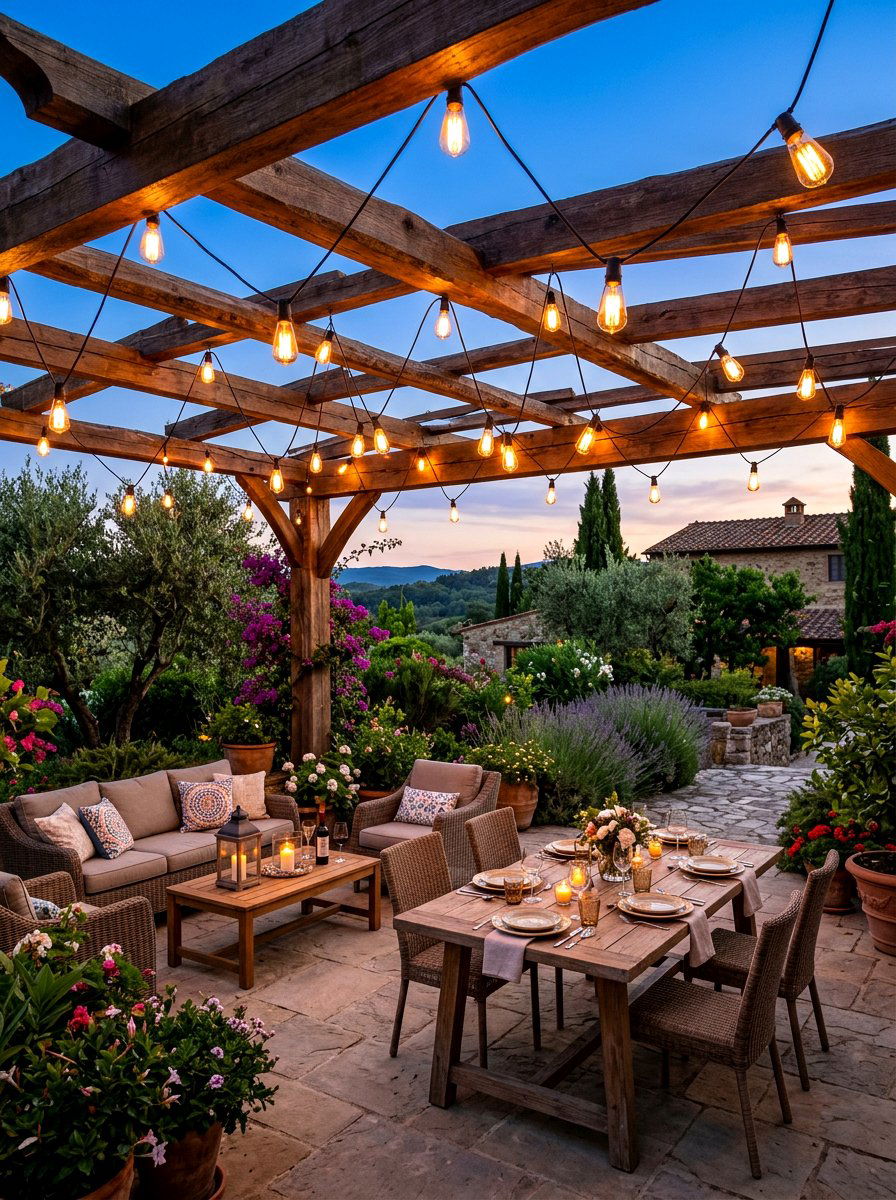 String Lights Over Patio - 30 Mediterranean backyard lounge ideas