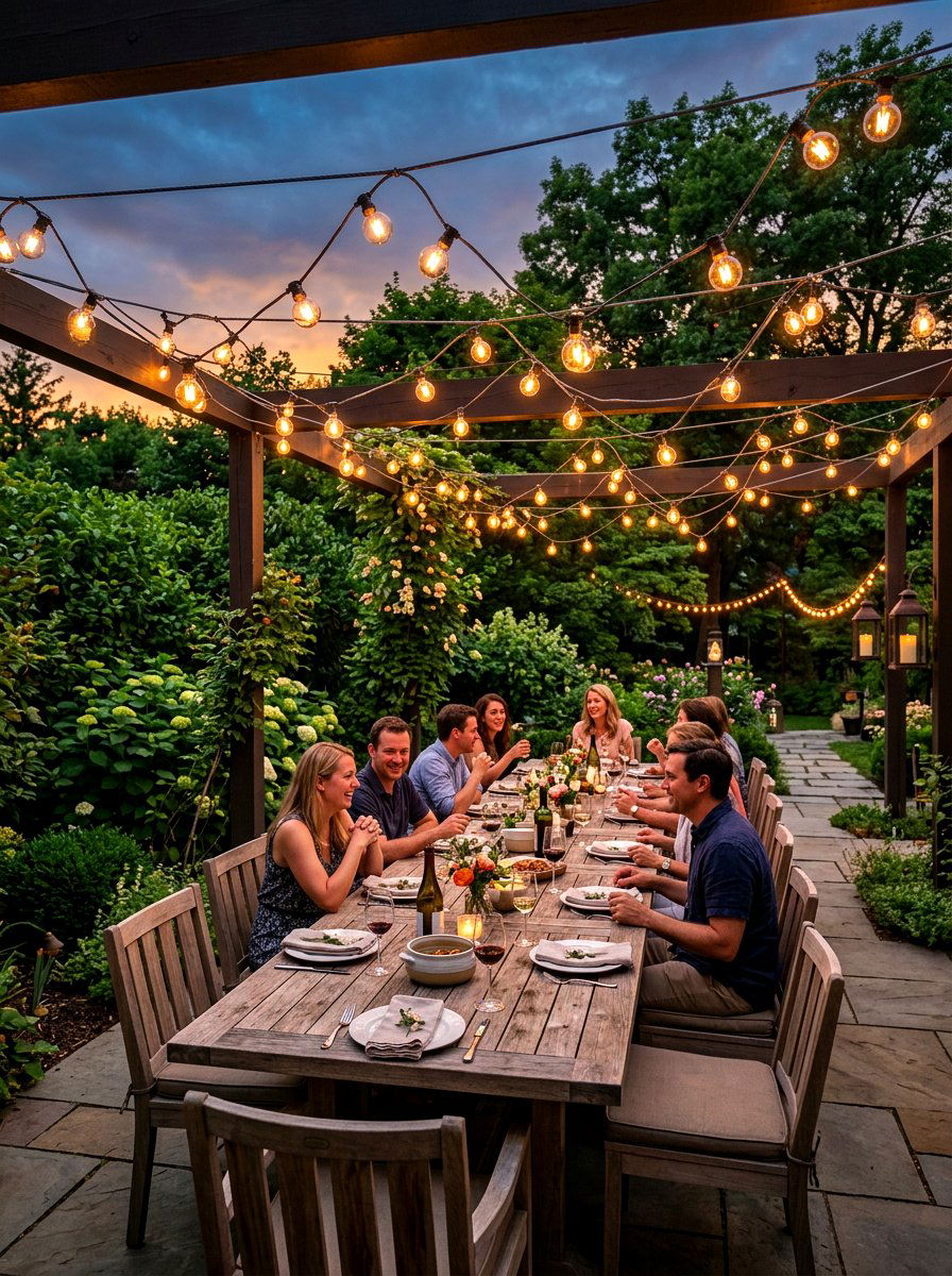 String Lights Patio - 30 summer dinner party patio ideas
