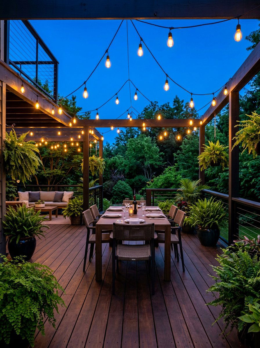String Lights Patio - 30 evening backyard lounge ideas